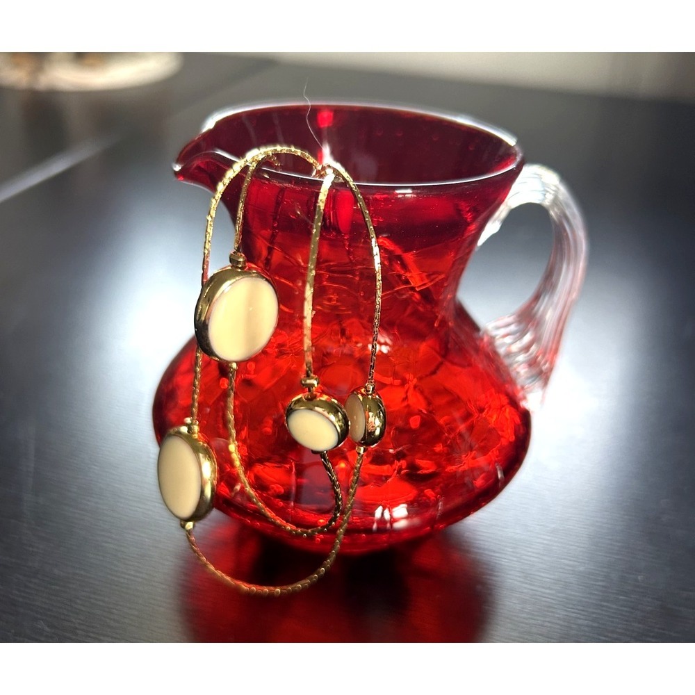 Vintage Hand Blown Ruby Red Crackle Glass Mini Pitcher Clear Handle 3.5"